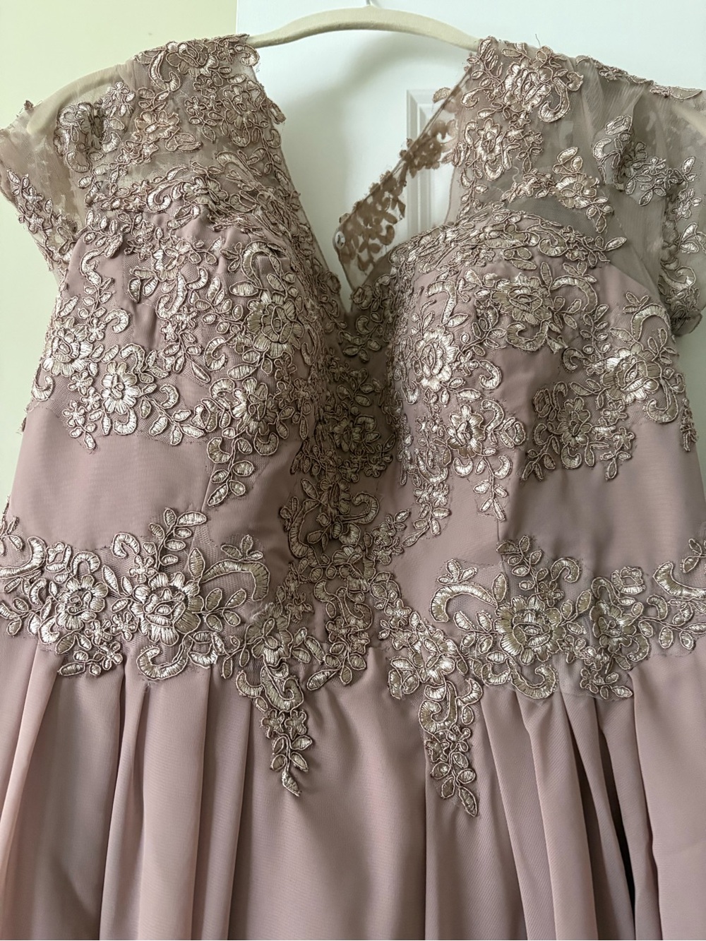 Embroidered taupe Pink Lace Applique Evening Dress